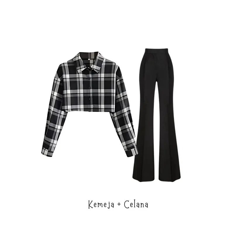 one set 3in1 kemeja crop kotak hitam putih celana kulot cutbray scuba highwaist hitam jilbab bella | perempuan wanita cewek ootd korean nonton konser hijab kuliah kerja nongkrong nonton style HK19 2