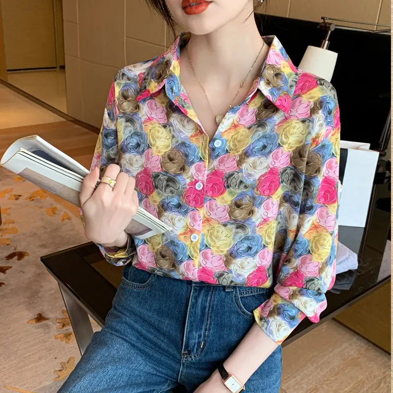 Áo Voan Nữ Cổ Bẻ Áo, Phong Cách Cổ Điển In Hoa, Áo, Tay Áo Dài, Quần Áo Đi Lại Thường Ngày Phong Cách Mới, Dáng Rộng Vừa Vặn, Ngoại Cỡ Có Sẵn Trong Kho