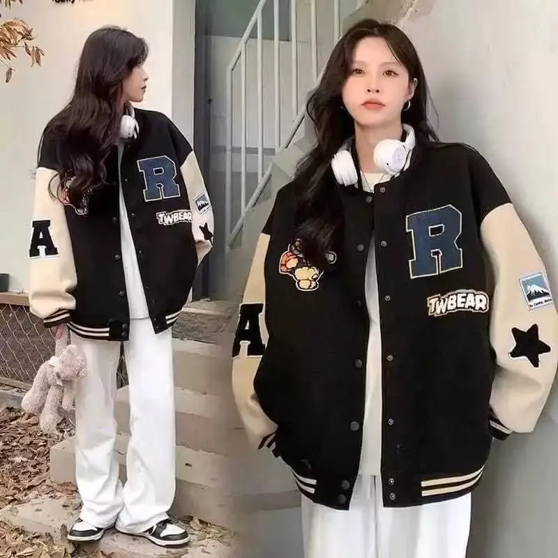 R TW BEAR BASEBALL VARSITY WANITA - JAKET WANITA KOREAN - VARSITY JAKET OVERSIZE Fleece Lembut Nyaman Sablon