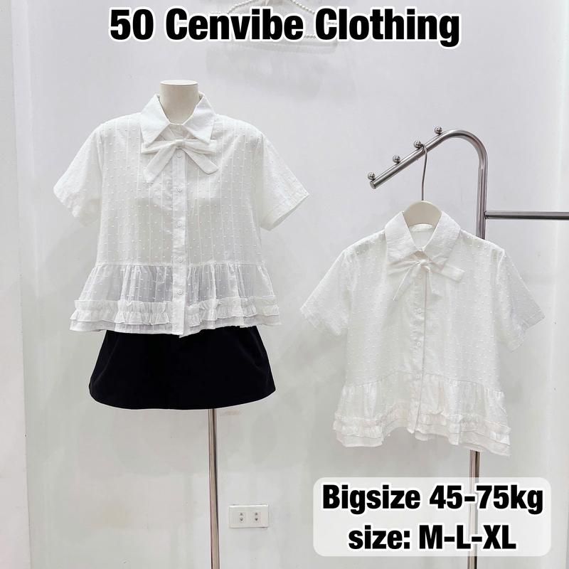 Áo Sơ Mi Nữ Cộc Tay Bèo Ren Kèm Nơ Rời Có Bigsize 45-75kg Chất Thô Boi Hạt Phong Cách Korea (50 Cenvibe Clothing) #320
