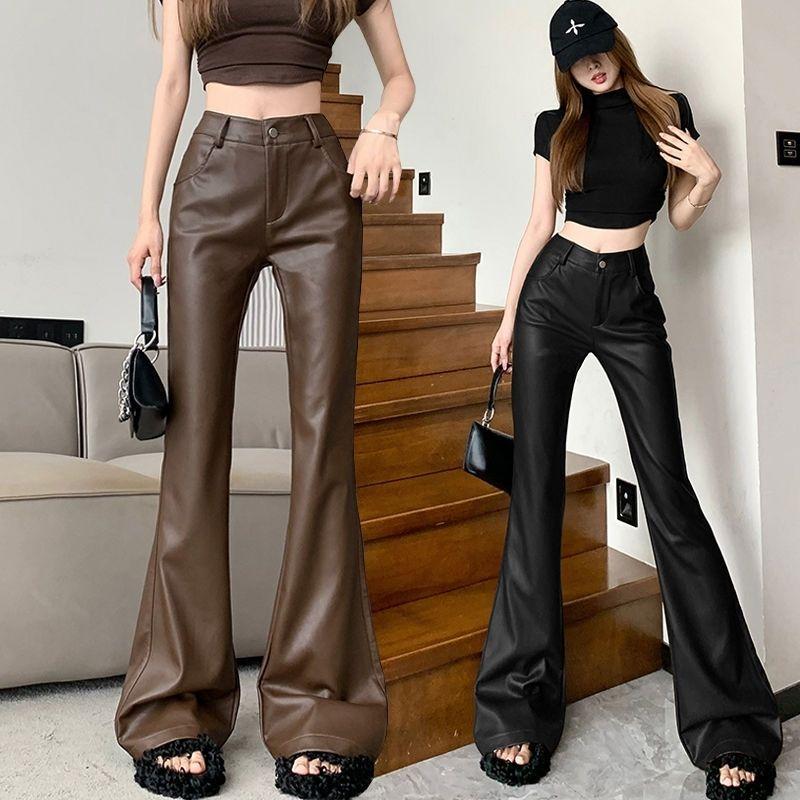 Quần Da PU Sành Điệu Cho Nữ, Quần Dài Cạp Cao, Dáng Ôm, Gợi Cảm, Ống Loe, Thu Đông