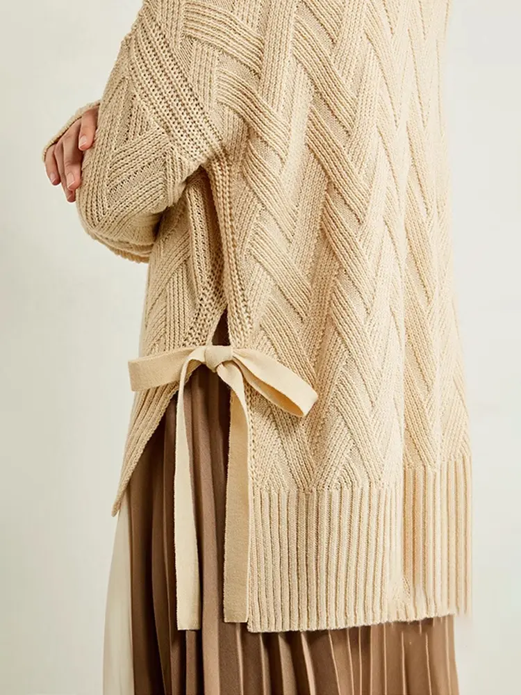 AMII Minimalist 2026 Autumn Winter New Women Sweaters Soft Turtlene Loose Niche Lace-up Long S ve Solid Pullovers 12344244