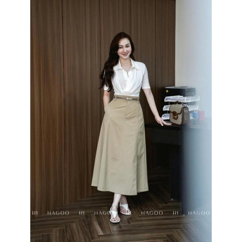 Chân váy kaki nữ dáng xoè A bổ diễu đỉa kiểu HAGOO phong cách công sở cao cấp