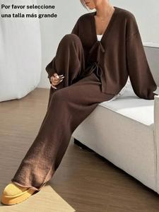 Conjunto de 2 piezas para mujer con cárdigan de frente con lazo y suéter, conjunto de cárdigan de manga larga y cuello en V y pantalones, prendas de punto cómodas y casuales para uso diario al aire libre, conjunto de ropa de descanso para otoño e invierno