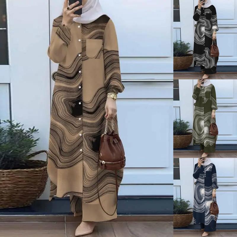Product Introduction of Fashion printed robe set, women's long sleeved button up shirt and pants two-piece set 2