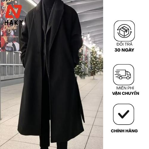 HK1 Áo Măng Tô Nam Dáng Dài Haky Chất Dạ Cao Cấp Không Cúc Có Đai Phong Cách Hàn Quốc Màu Đen Ghi  HK1