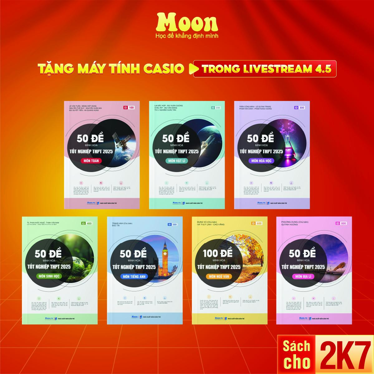 Bộ sách đề minh hoạ THPT 2025 môn Toán, Lý, Hoá, Sinh, Anh, Văn, Sử, Địa Moonbook