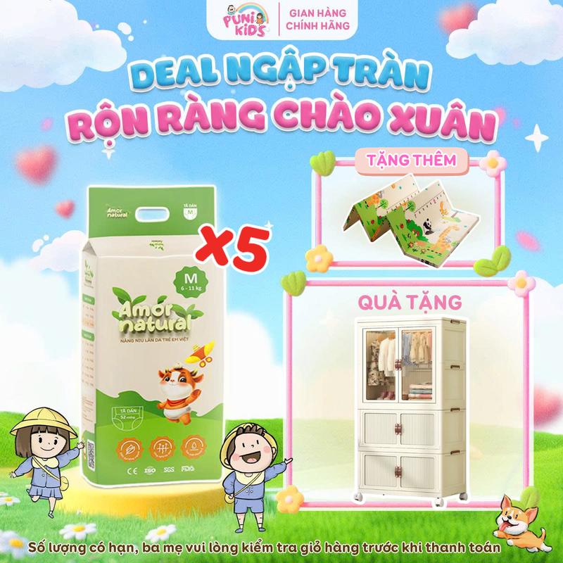 5A TẶNG TỦ QUẦN ÁO GẤP GỌN 3 TẦNG COMBO 05 BỊCH TÃ BỈM VIỆT AMOR NATURAL dán quần bỉm Việt chất lượng mỏng nhẹ thấm tốt size NB S M L XL XXL XXXL XXXXL cho bé tã bỉm ngày và đêm bỉm