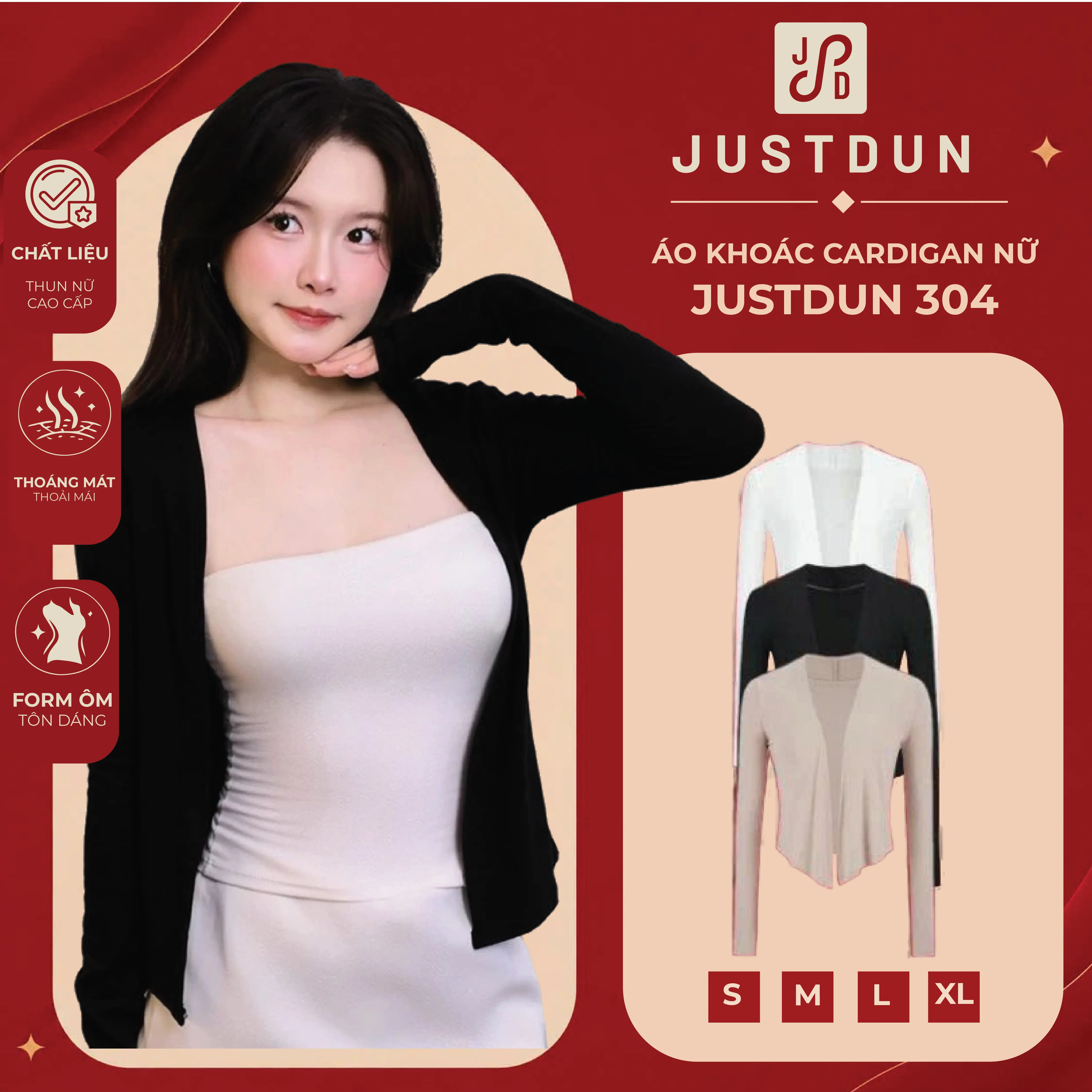Áo Khoác Cardigan Nữ Dáng Dài JUSTDUN 304 - Vải Cotton Mịn, Mềm Mại, Thoải Mái, Dễ Phối Đồ