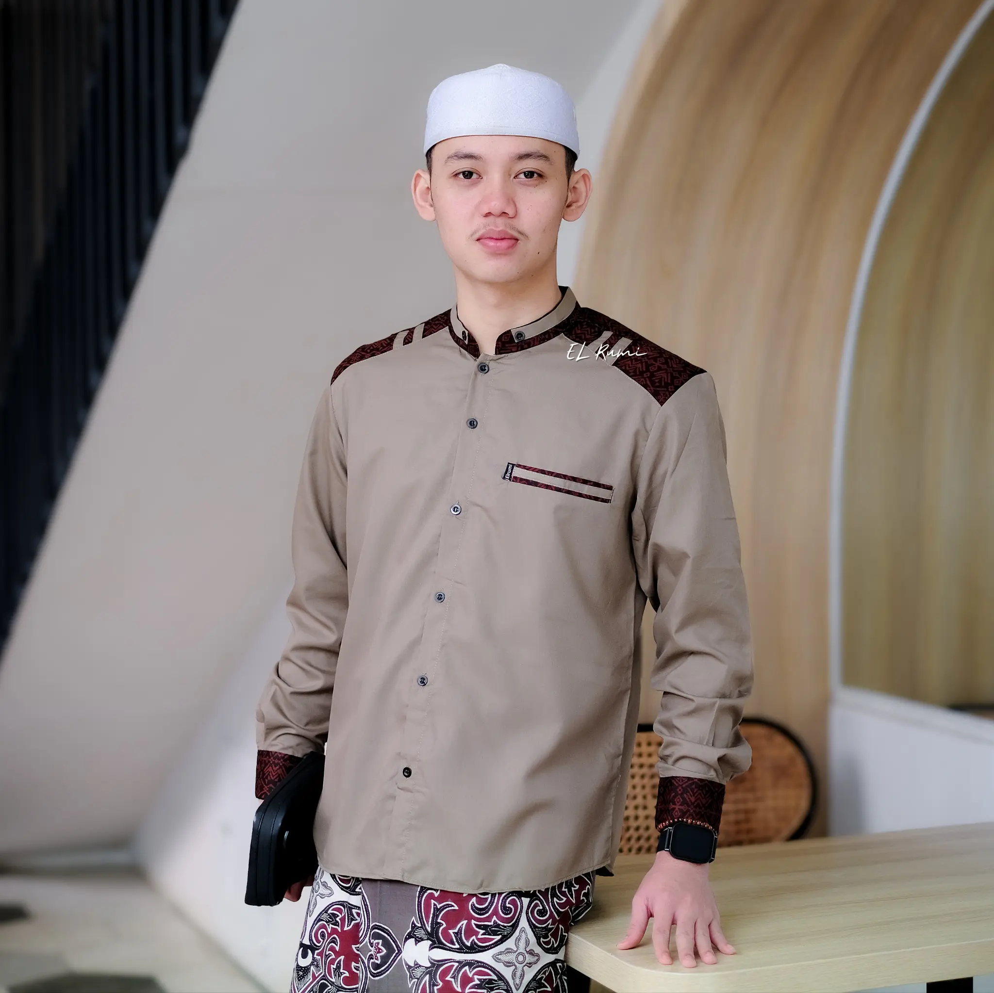 Baju Koko Pria Dewasa Elrumi Lengan Panjang Muslim Katun Kombinasi Batik