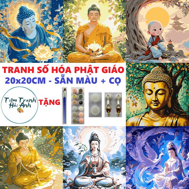 [Mua 3 Tranh Tặng 1 Kệ] Tranh Tô Màu Theo Số Phật Giáo 20x20cm đã căng khung - Tặng sẵn Cọ Vẽ, Bảng Màu, Đinh Treo Tranh Số Hóa Sơn Dầu Acrylic Vẽ Tranh Diy Làm Đồ Handmade