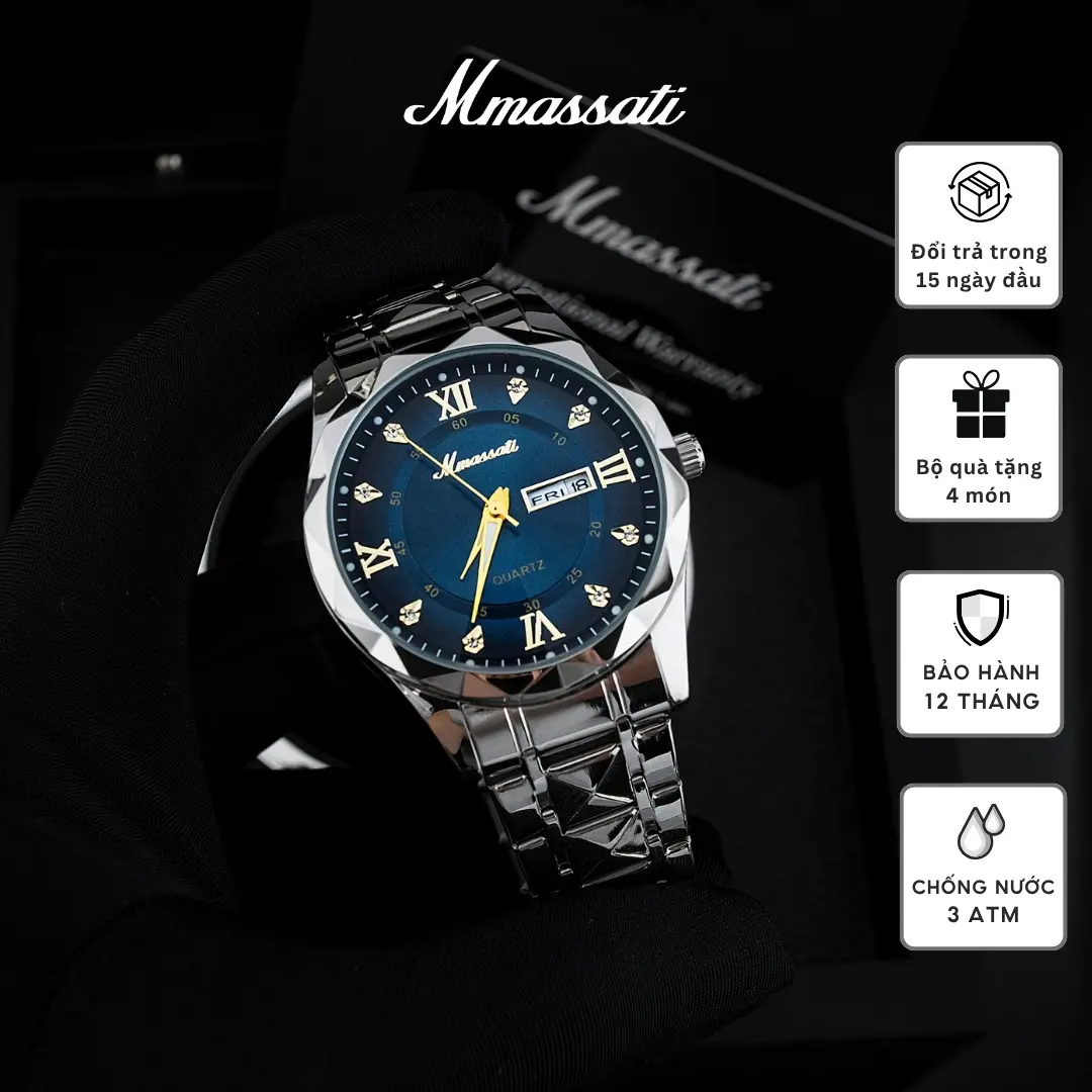 N562 [ AFF ] – Đồng Hồ Nam Thời Trang Mmassati Mặt Dial Chuyển Màu, Máy Pin Lịch Thứ Ngày Dây Thép Không Gỉ Sang Trọng
