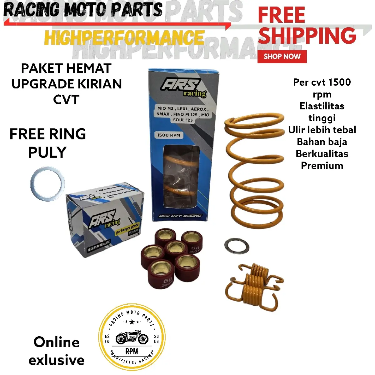 PAKET PER CVT MIO M3 NMAX AEROX LEXI 125 SOUL GT 125 X RIDE 125 FINO 125  1500 RPM SENTRI DAN ROLLER