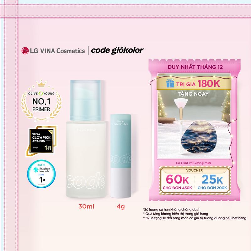   LG Makeup VN  Set Kem lót kiềm dầu Code Glokolor Fix-on Primer 30ml và Dạng thỏi 4g mịn da bền màu 24h 