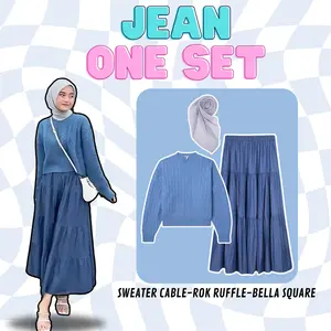 Jean One Set 3In1 Remaja Terbaru Dengan (Sweater Biru, Rok Ruffle Navy Dan Hijab Bella Square) Setelan Wanita Simpel Dan Anggun -BZ48