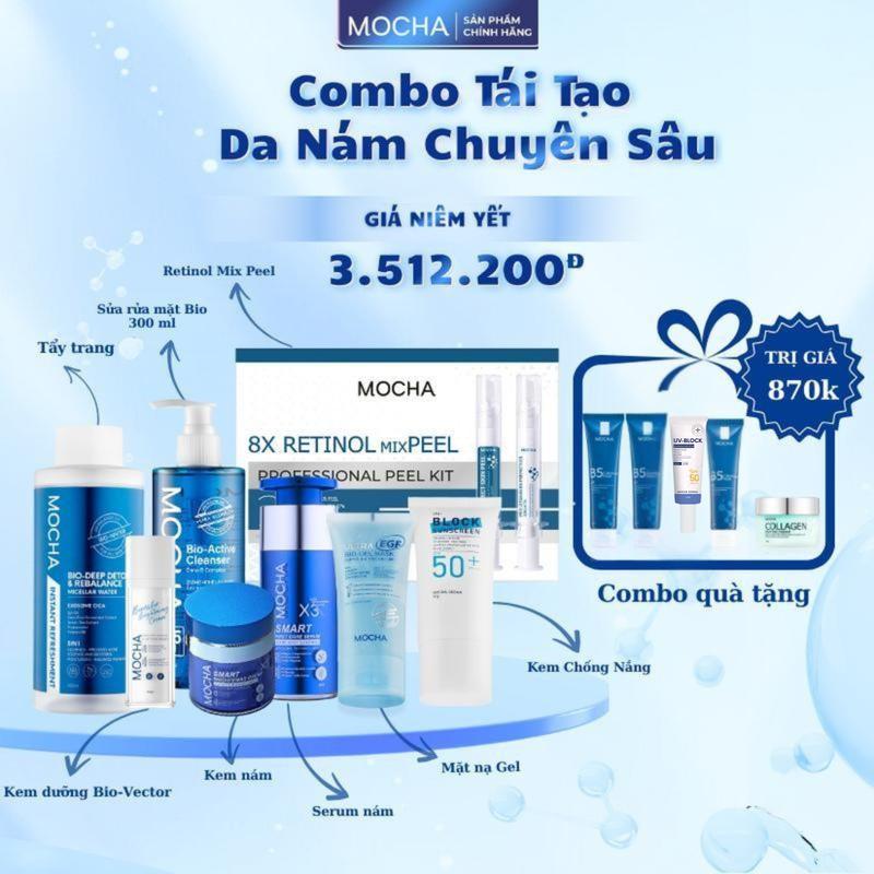 Combo Tái Tạo Da Nám Chuyên Sâu Gồm Retinol Mix Peel + Kem Dưỡng Nám + Tinh Chất Nám + Kem Chống Nắng + Kem Dưỡng BIO + Sữa Rửa Mặt BIO +Tẩy Trang +Mặt Nạ Gel + Tặng 3 sữa rửa mặt b5 25ml 1 kem dưỡng clg 1 tinh chất b5 phục hồi 1 kcn nhỏ