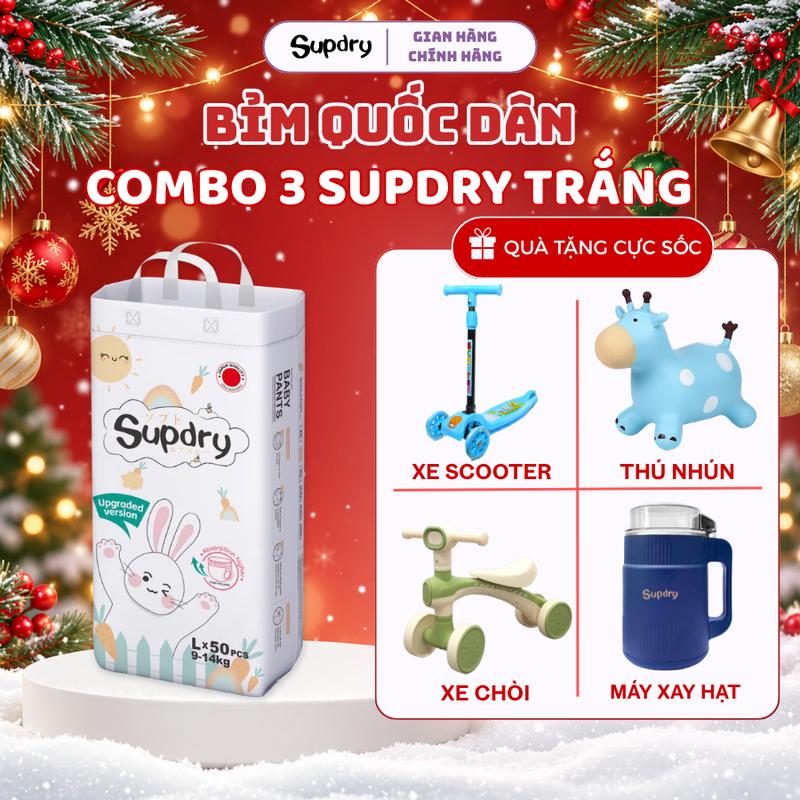 COMBO 3 bịch Tã/Bỉm Supdry, Bỉm Supdry Trắng Siêu Thấm Hút, An Toàn và Khô Thoáng Cho Bé size NB, S, M, L, XL, XXL, XXXL, XXXXL cho bé từ 4kg - hơn 20kg + Quà tặng