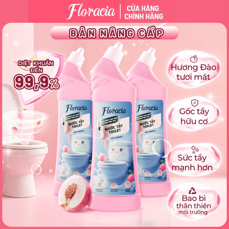 ZHUZHU Độc quyền - Bản nâng cấp Combo 3 chai Nước tẩy bồn cầu Floracia diệt khuẩn bảo vệ men sứ hương đào thơm mát khử mùi hiệu quả 500ml x 3chai