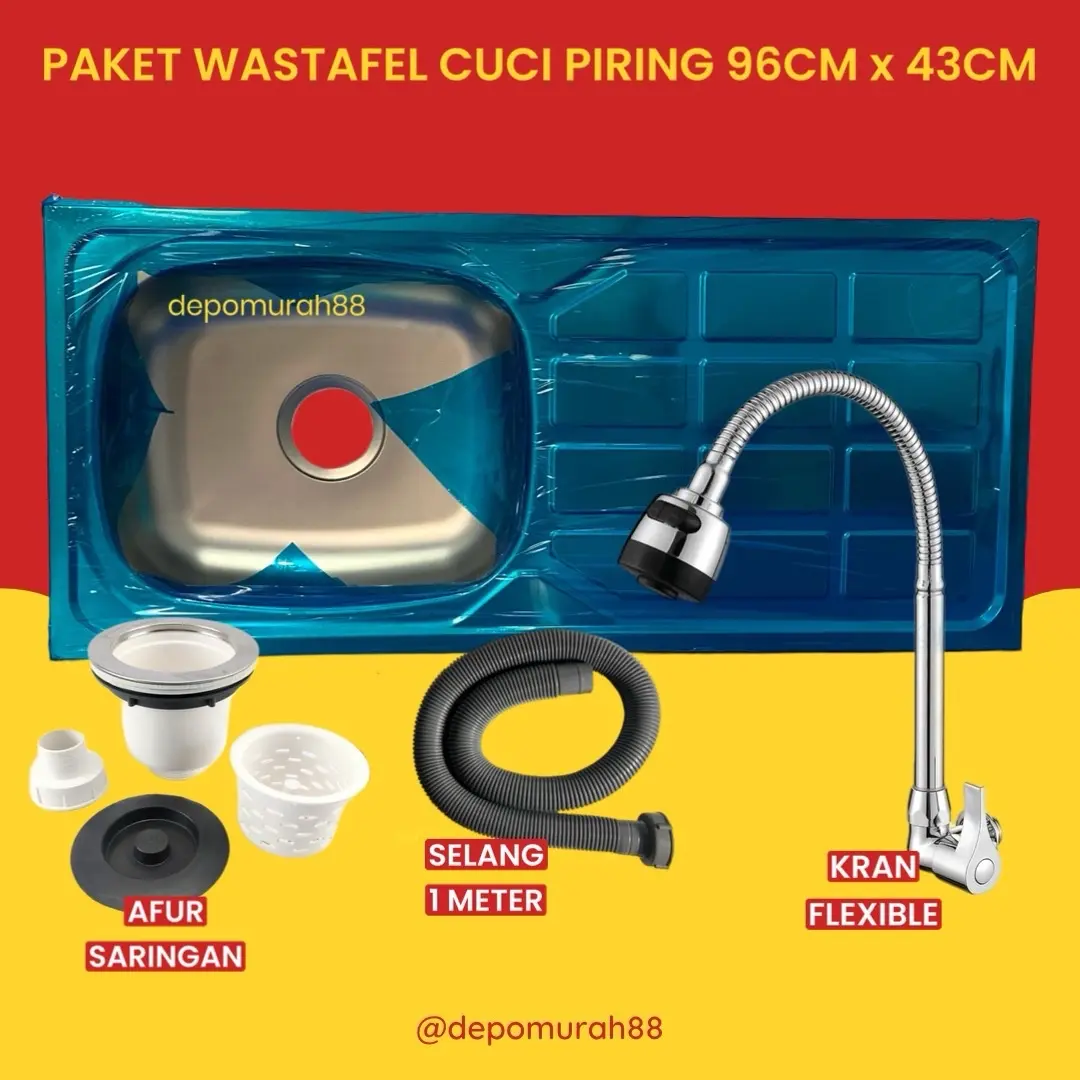 Paket Sink Wastafel 96cm Lebar 43cm / Wastafel Stainless Steel + Keran Flexibel Dapur / Kitchen Sink Termurah
