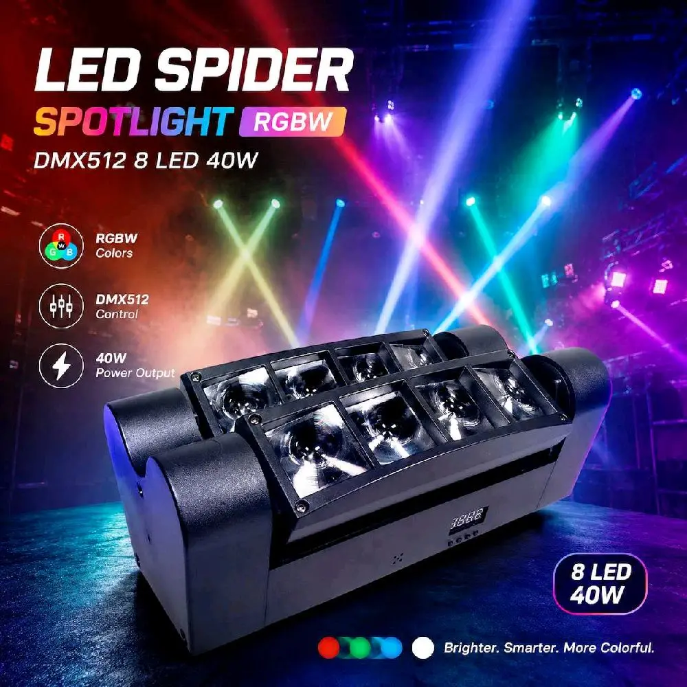 Lampu Sorot Disco LED Moving Head RGBW 8 LED 40W Spider Spotlight DMX512 - Efek Panggung Dinamis & Cerah