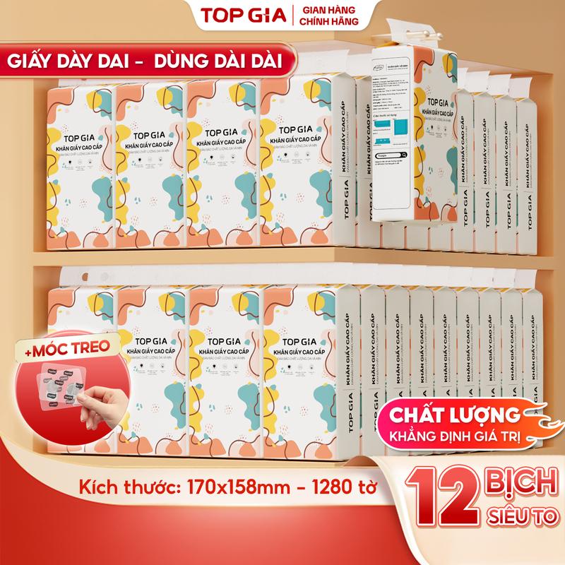 (12 BỊCH SIÊU TO, CAO CẤP) COMBO 12 bịch khăn giấy CỠ ĐẠI ăn cao cấp treo tường TopGia 4 lớp không bụi mịn 1280 tờ rút tiện lợi Giấy Vệ Sinh (tặng 4 móc treo), giấy rút đa năng treo tường ĐẠT QUY CHUẨN CỦA BỘ CÔNG THƯƠNG (DS) Khăn Giấy Rút