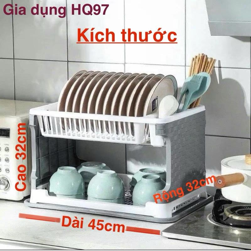  ￼  Nhựa Dầy Đẹp  Kệ úp bát  giá để bát hai tầng có ống đựng đũa kèm khay hứng nước bằng nhựa 