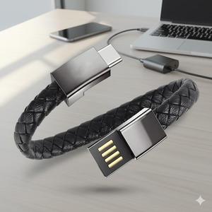 急速充電USB-C編み込みリストバンドケーブル | 耐久性のあるレザーストラップ充電器 | 携帯電話、タブレット、デバイス用の軽量で携帯可能な充電ブレスレット