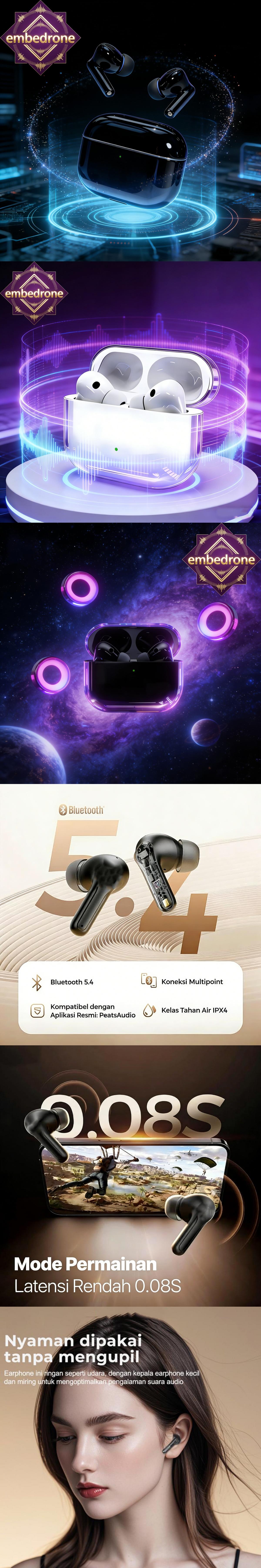 embedrone 2026 NEW PHANTOM K80 Earphone Nirkabel, Anti Air Dalam, Baterai Tahan Lama, TWS, Bass Kuat, Surround 3D, Peredam Suara Cerdas, Gaming, Panggilan, Musik, Olahraga, Earphone Bluetooth Nirkabel