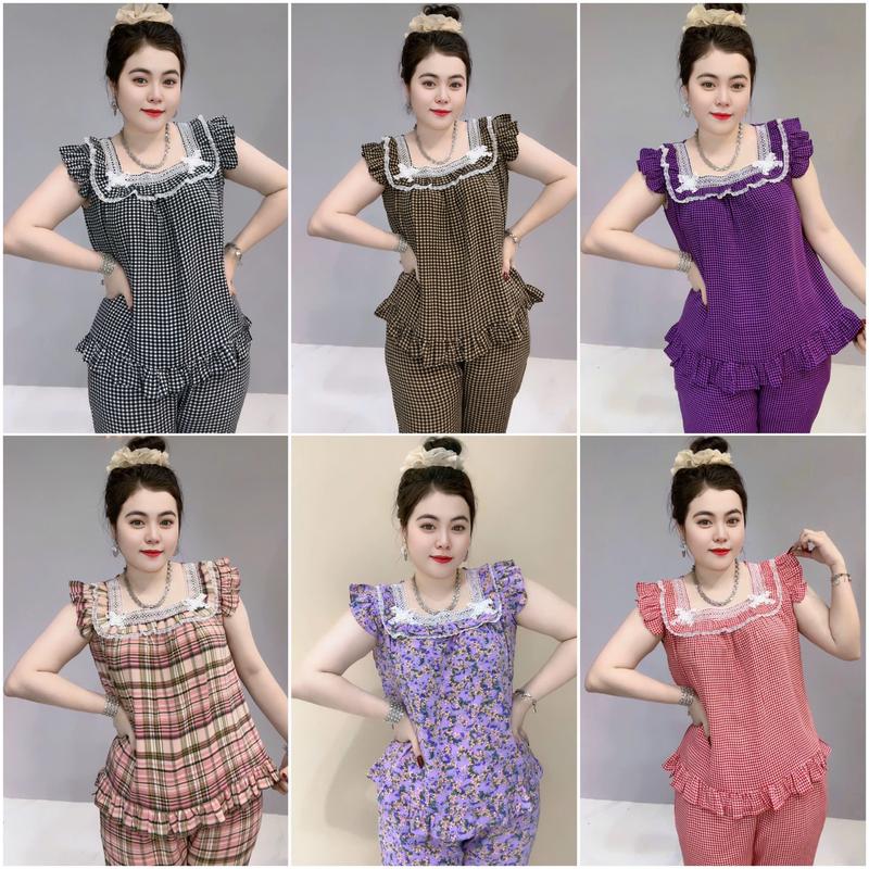 đồ bộ nữ mặc ở nhà mẫu CỔ VUÔNG REN ĐÍNH NƠ bộ gồm áo và quần mát mẻ thoải mái cho chị em phụ nữ.