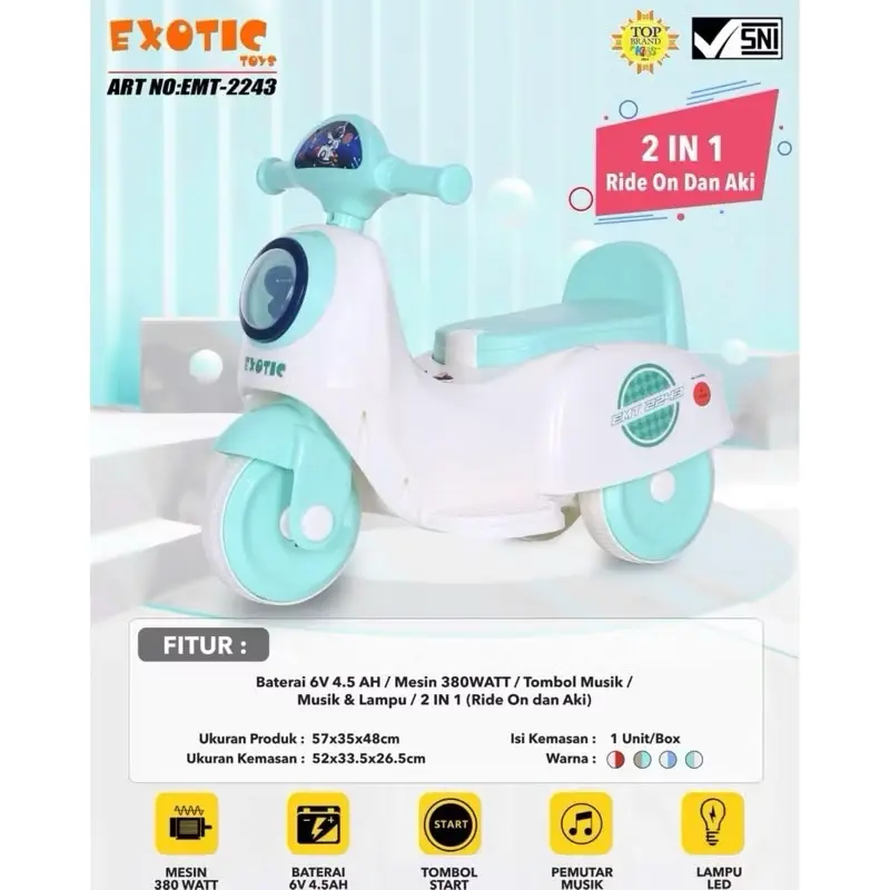 RECHARGEABLE MOTORCYCLE MAINAN MOTOR AKI VESPA ANAK AKI DAN MANUAL EMT 2243 2in1 NEW PRODUCT EMT2243 1