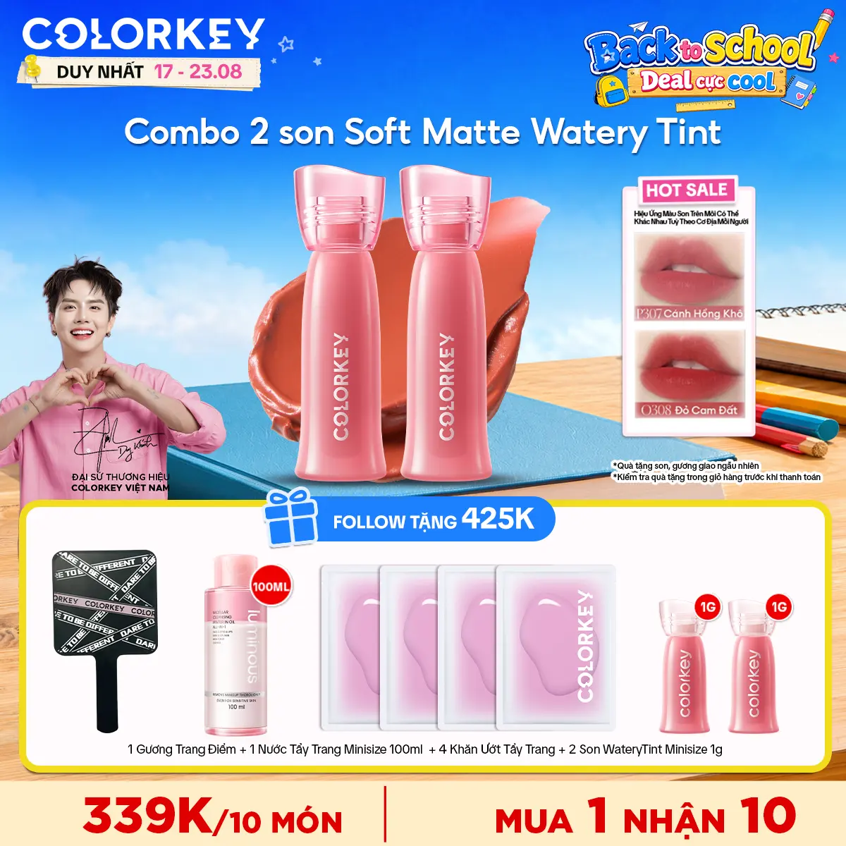 [OFFICIAL] Combo 2 Son COLORKEY Soft Matte Water Tint Bản Nâng Cấp Bền Màu, Chất Son Ẩm Mịn Như Sương 2.5g [Quà tự động thêm vào đơn]