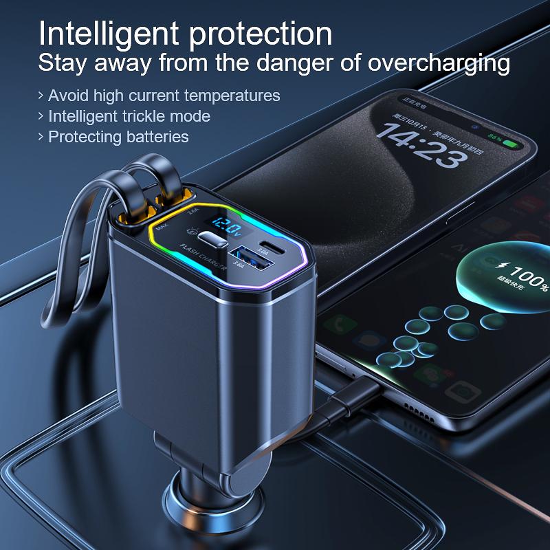 Product Introduction of Pengecas Kereta, 120w, 4 dalam 1, Pengecas Kereta Boleh Tarik, Pengecasan Super Pantas USB, Universal, Sesuai untuk Kereta Phone 6