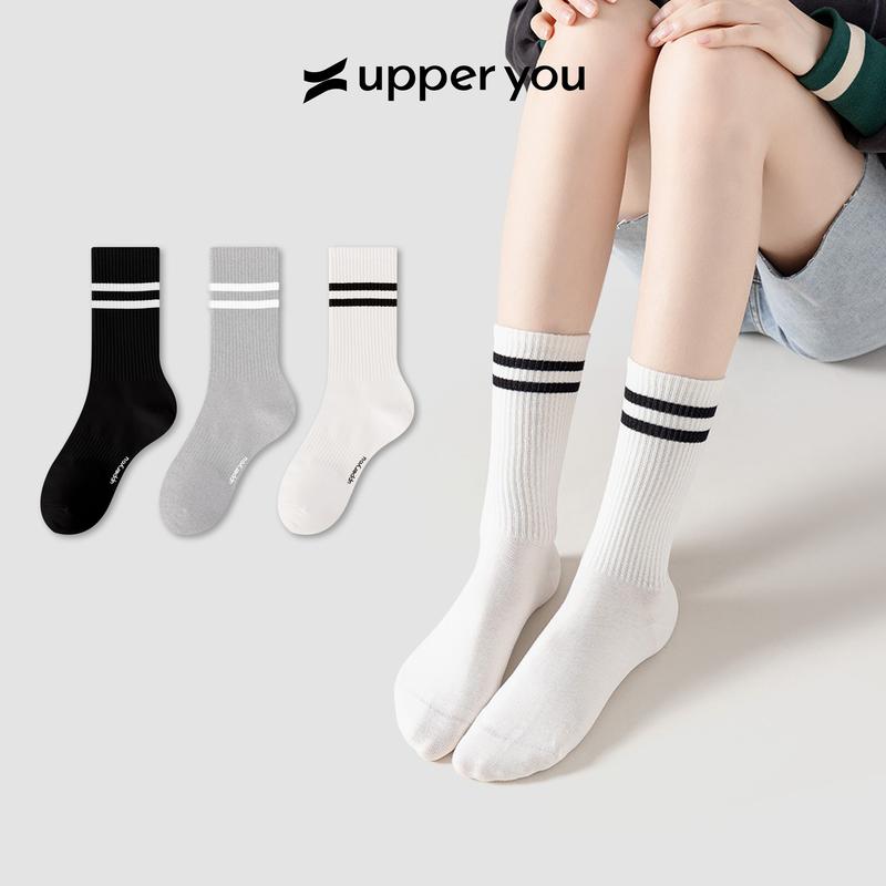  Tất Vớ Nam Nữ Gân Trơn Cổ Cao UPPER YOU Cotton Tự Nhiên Kẻ Sọc Thời Trang 2 Màu Đen Trắng Dày Dặn Êm Ái Thoáng Khí - BSF4001 BSF3004 