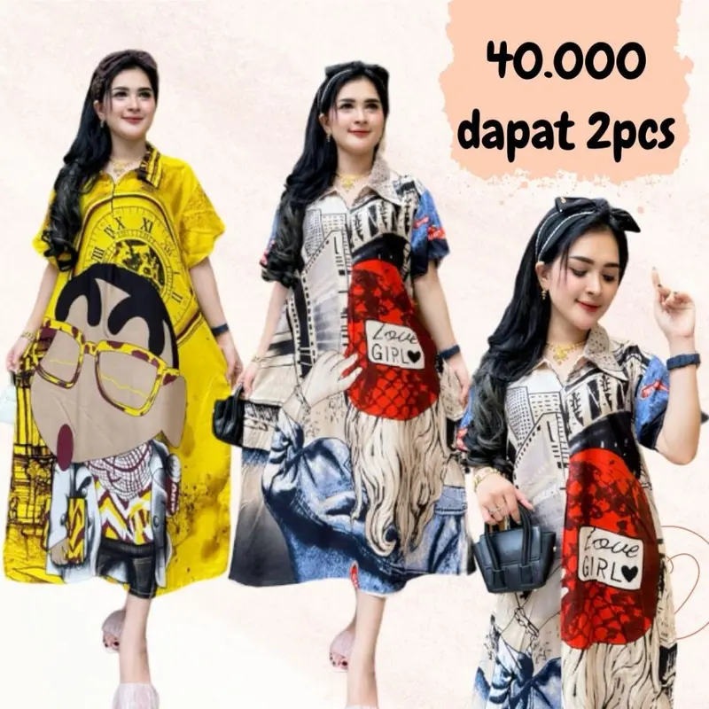Daster Motif Busui Sofia Rayon Berkerah 3pcs Wanita Dress Panjang 0