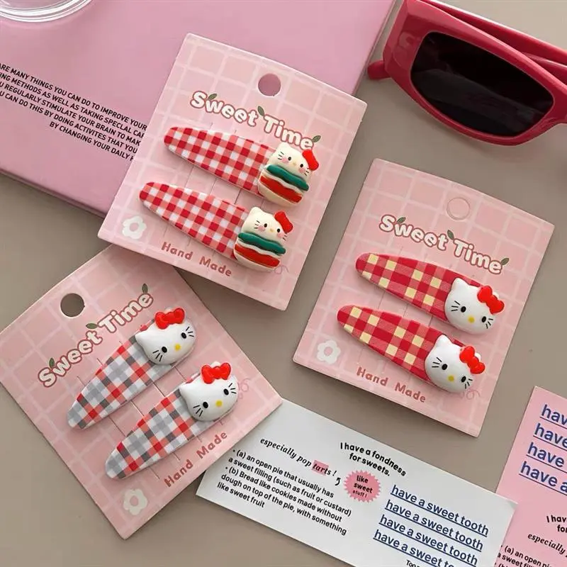 Kẹp Tóc Hello Kitty, Bộ 2 Món Dễ Thương, Thiết Kế Xù Sặc Sỡ, Tóc Mái Bên Kẻ Sọc, Phụ Kiện Tóc Nữ 3
