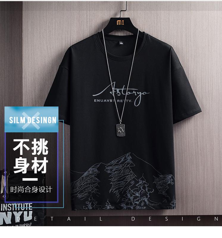 Product Introduction of Short-Sleeved T-shirt Suit Men's Summer New Snow Mountain Printing Fashion Trendy Slim Fit Large Size Sports Two-Piece Suit 2