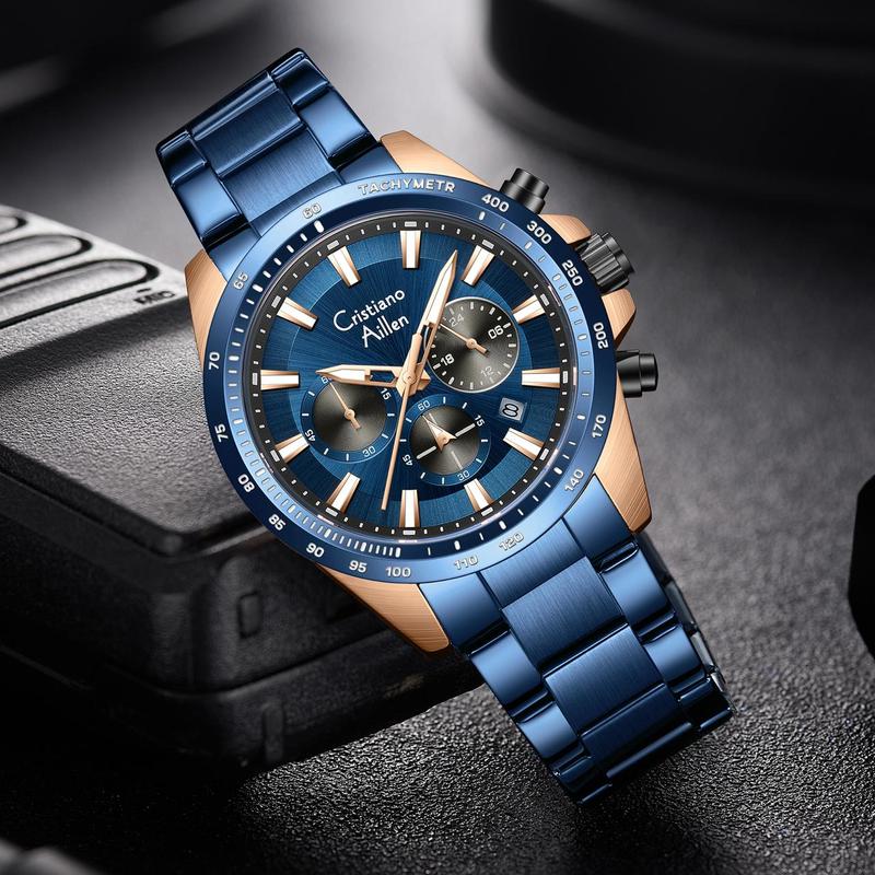 Cristiano Aillen Jam Tangan Pria Analog 8891 Rantai Stainless Steel Chronograph Kaca Sapphire Water Resistant 3 ATM Watches Waterproof 0