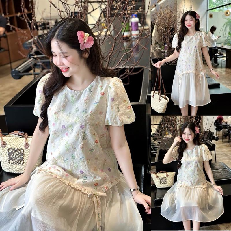  Đầm bầu Moco thêu hoa phối tùng liền kết nơ thanh lịch cho mẹ mang đi tiệc đi làm mang chơi Tết 