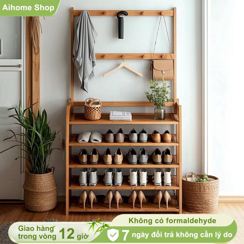 AI Kệ Giày Dép Kết Hợp Chỗ Treo Đồ Đa Năng Tiện Lợi ,Giá Kệ Chữ L 4 Tầng Gỗ Tre Phong Cách Hiện Đại Treo Quần Áo, Nón, Túi Xách, Để Giày Dép chổi tàu dừa omamori himari kệ giày dép đa năng kệ để giày dép kệ giày dép đa năng kệ đựng giày dép