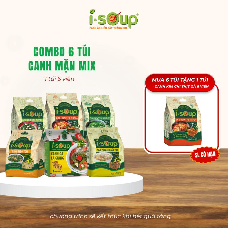 KMT10 Combo 6 Túi Canh Mặn(Gà lá giang + Cải chua + Cải xoong + Rong biển + Kim Chi + Riêu tôm) Best Seller ISOUP - Canh Ăn Liền Sấy Thăng Hoa