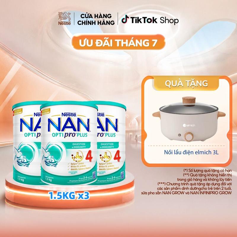 [Tặng nồi lẩu điện] Bộ 3 Sữa Bột NAN OPTIPRO PLUS 4 1500g/lon với 5HMO Hỗ trợ Đề Kháng - Tiêu Hóa - Trí Não & Chiều Cao