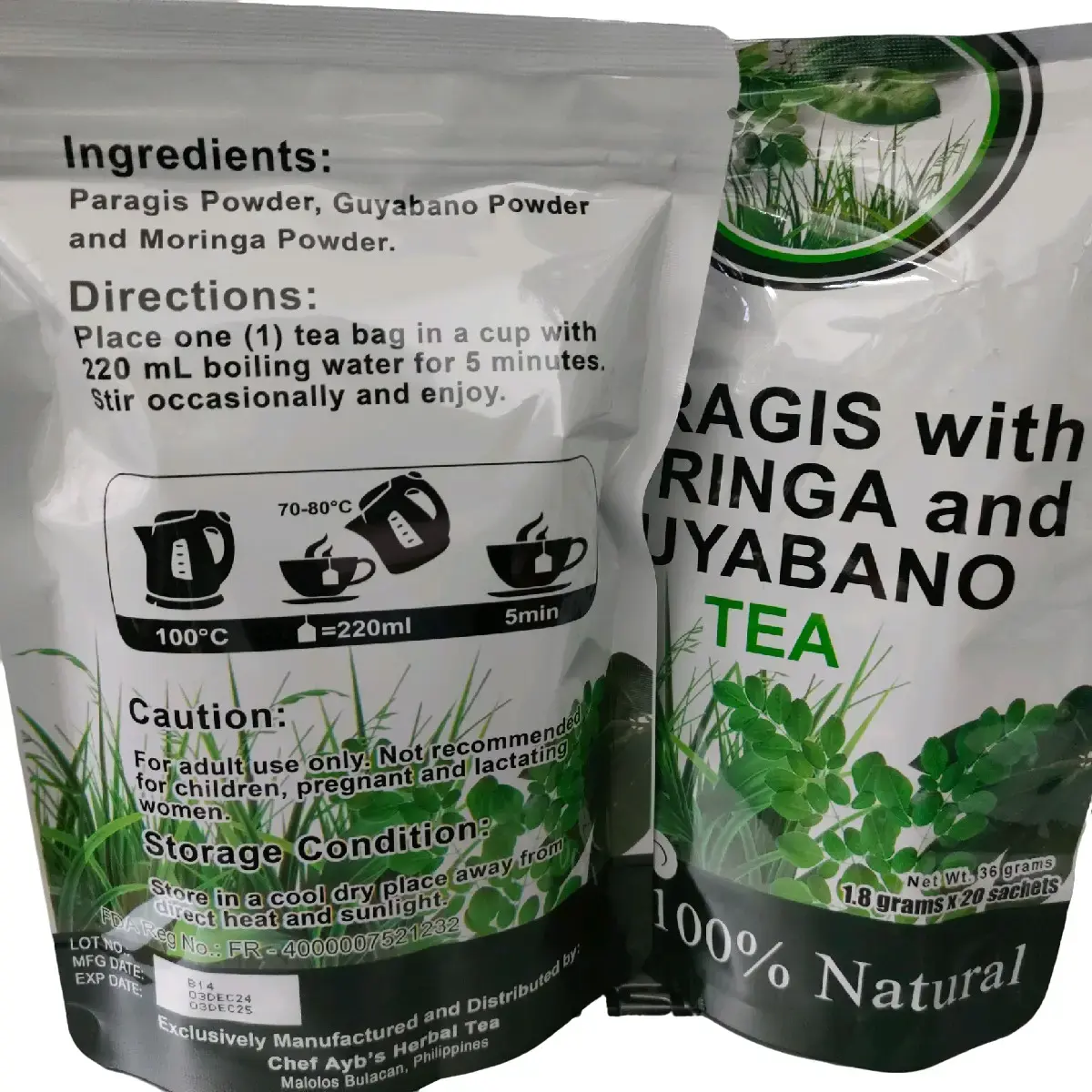 Paragis with moringa and Guyabano tea 100%natural.1.8grams X20sachet
