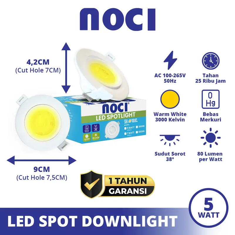 Noci Lampu LED Downlight Spot Adjustable Angle 5-7 Watt Cahaya Kuning 3000K/Putih 6500K Super Terang Hemat Daya