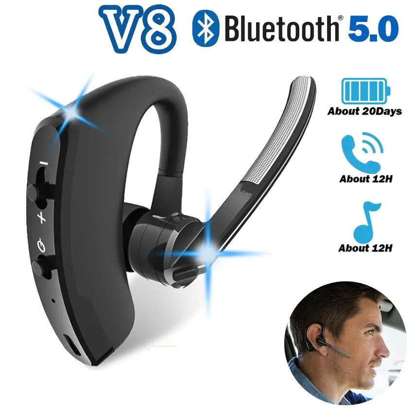 V8 Wireless Blutooth Earphones Business Headset Stereo Headphones Earbud With Mic For All smartphones Noise Cancellation