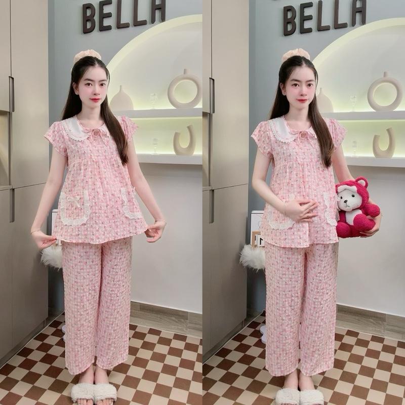 [ BỘ DÀI ] ( 40 - 75kg ) Đồ Bộ Bầu Mặc Caro Không Gây Kích Ứng Cho Da, Áo Có Nút Gài Và Quần Chun Chỉnh Bụng