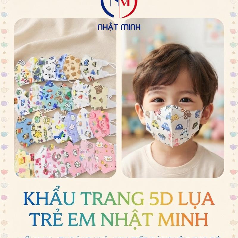 Nhật Minh ( Vải Lụa ) [ ComBo 50-100c ] Khẩu Trang 5D Trẻ Em Lụa 0-8 Tuổi Mềm Mịn Chống Bụi 2.5PM Chống Nắng Tia UV 3 Lớp Dày Dặn Kháng Khuẩn