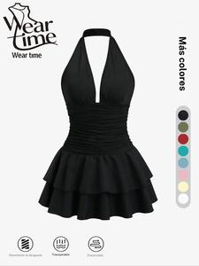 Vestido corto sin mangas para mujer, elegante y chic, con cuello halter y fruncido, ideal para uso diario y al aire libre, ropa de verano para damas