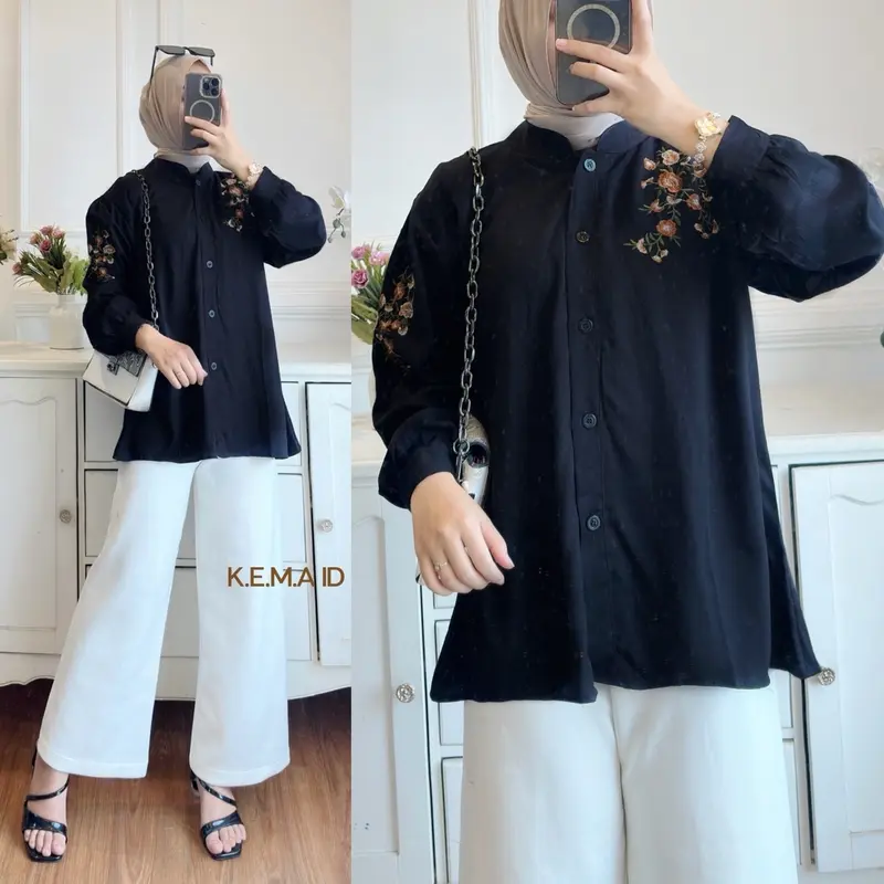 Jasmine blouse bordir bunga linen katun twill blouse wanita atasan vintage nyaman cantik full kancing Oversize Formal Panjang Lembut Santai 3