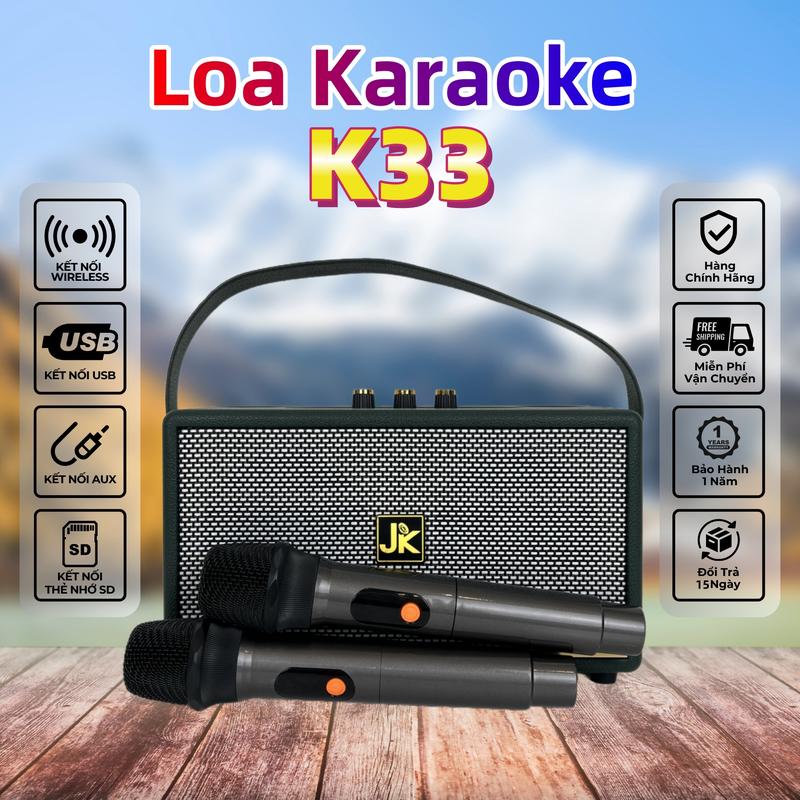 JK-K33 Loa Karaoke Di Động Nghe Nhạc Xách Tay Loa Bluetooth Mini, tặng kèm 2 Micro không dây, Loa ngoài trời, Loa gia đình, Máy hát karaoke - Bảo Hành 12 Tháng