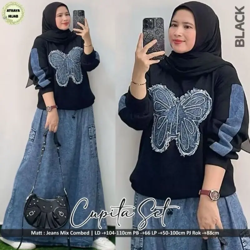 Setelan Rok dan Atasan Wanita Dewasa Combet Mix Jeans Panjang dengan Karet Pinggang dan Lengan Karet - Ready Stock Simple